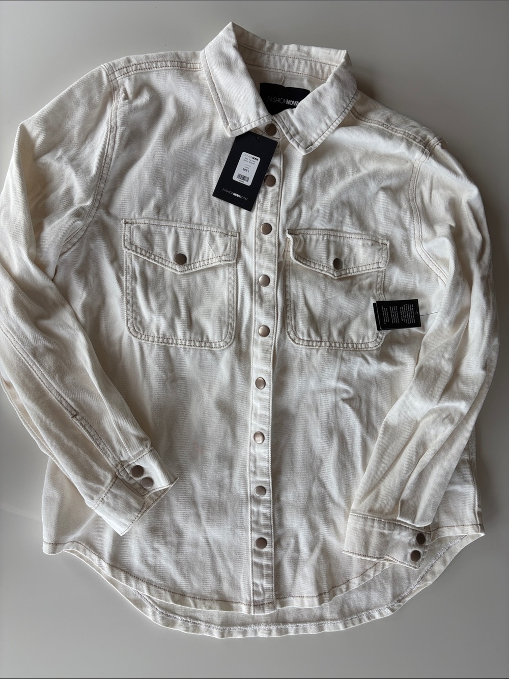 Fashion Nova White Denim Jacket with Metal Snap Buttons